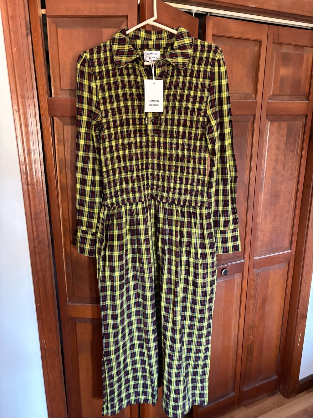 Damson Madder Green Plaid Long Sleeve Midi Dress